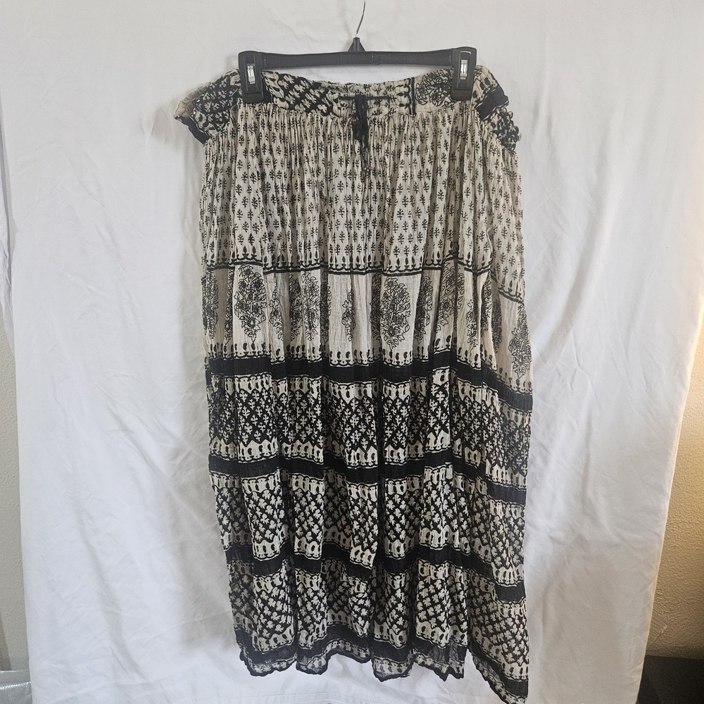 Vintage Boho Crinkle Gauze Tiered Maxi Skirt 100% Cotton Block Print India Free